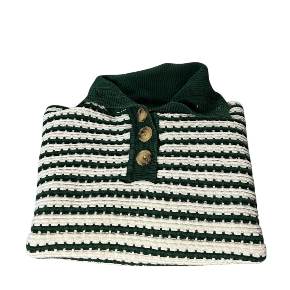Striped Green & White Cowl-Neck Sweater with Button Placket